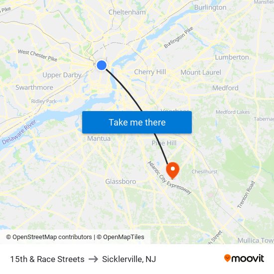 15th & Race Streets to Sicklerville, NJ map