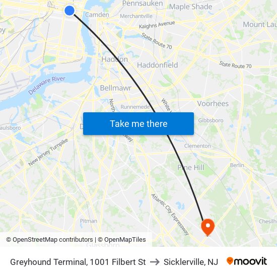 Greyhound Terminal, 1001 Filbert St to Sicklerville, NJ map