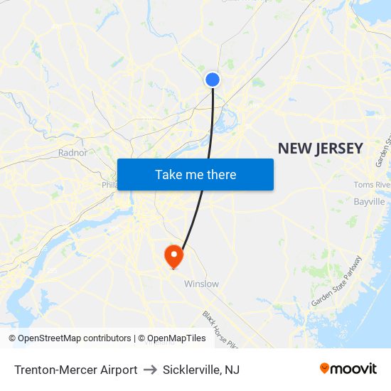 Trenton-Mercer Airport to Sicklerville, NJ map