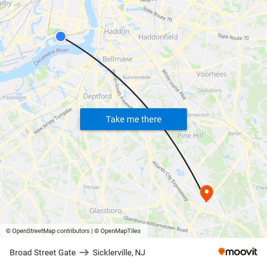 Broad Street Gate to Sicklerville, NJ map