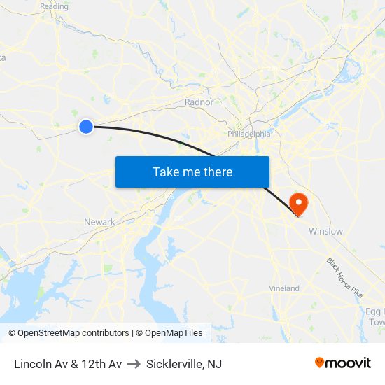 Lincoln Av & 12th Av to Sicklerville, NJ map