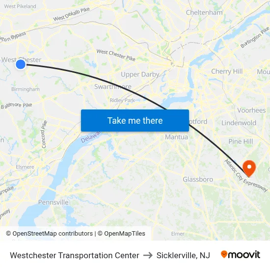 Westchester Transportation Center to Sicklerville, NJ map