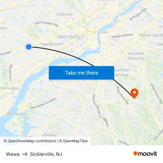 Wawa to Sicklerville, NJ map