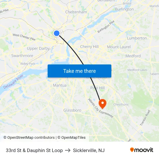 33rd St & Dauphin St Loop to Sicklerville, NJ map