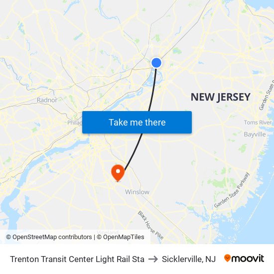 Trenton Transit Center Light Rail Sta to Sicklerville, NJ map
