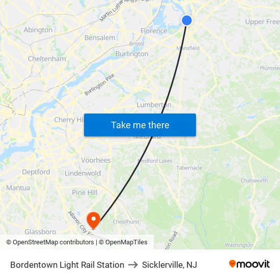 Bordentown Light Rail Station to Sicklerville, NJ map