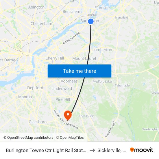 Burlington Towne Ctr Light Rail Station to Sicklerville, NJ map