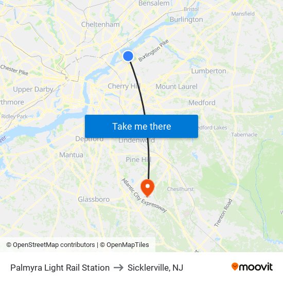 Palmyra Light Rail Station to Sicklerville, NJ map