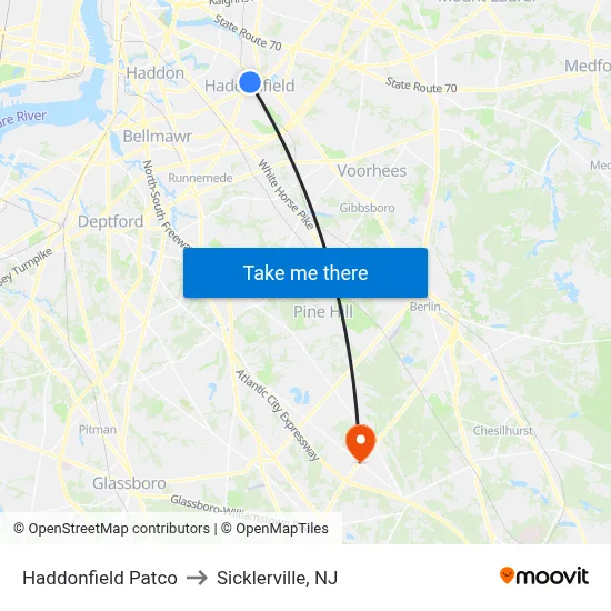 Haddonfield Patco to Sicklerville, NJ map