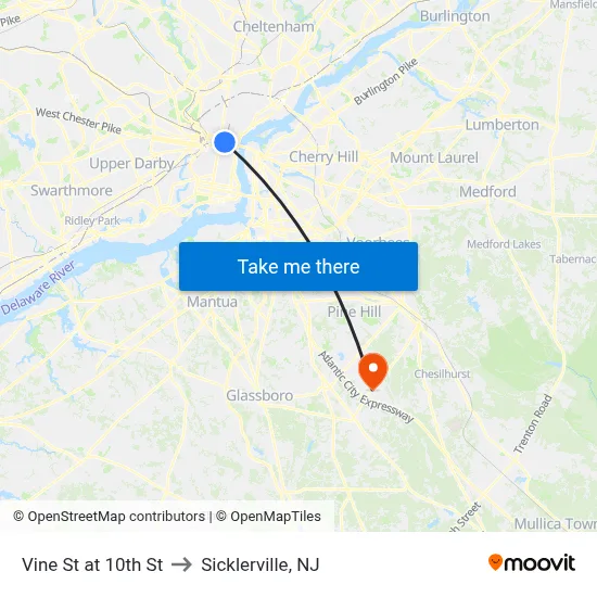 Vine St at 10th St to Sicklerville, NJ map