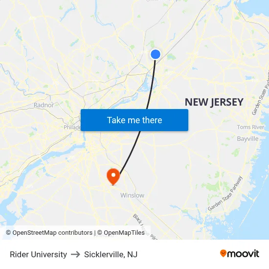 Rider University to Sicklerville, NJ map