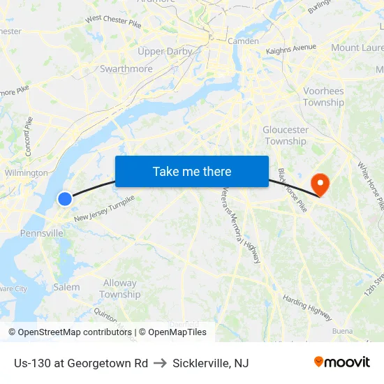 Us-130 at Georgetown Rd to Sicklerville, NJ map