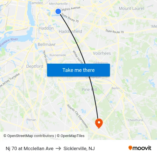 Nj 70 at Mcclellan Ave to Sicklerville, NJ map