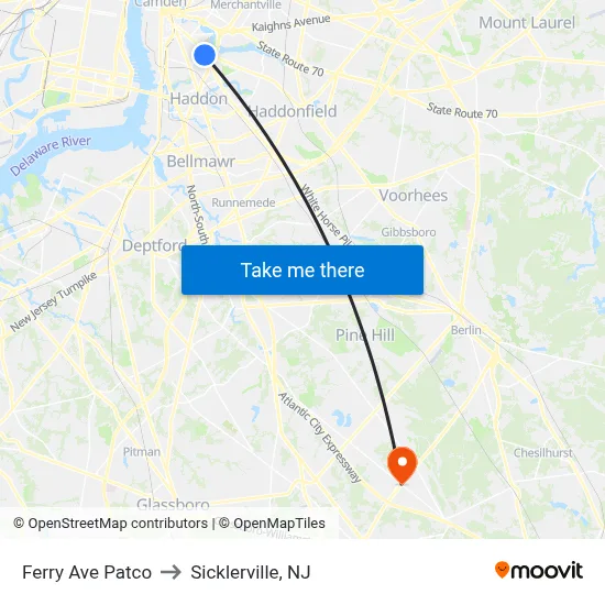 Ferry Ave Patco to Sicklerville, NJ map