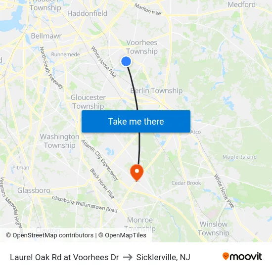 Laurel Oak Rd at Voorhees Dr to Sicklerville, NJ map