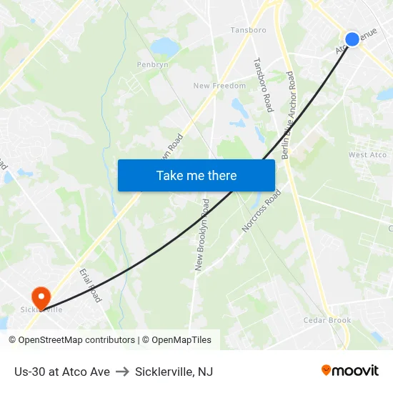Us-30 at Atco Ave to Sicklerville, NJ map