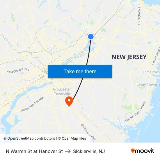 N Warren St at Hanover St to Sicklerville, NJ map