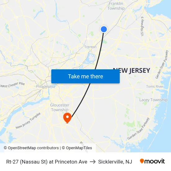 Rt-27 (Nassau St) at Princeton Ave to Sicklerville, NJ map