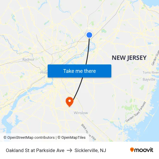 Oakland St at Parkside Ave to Sicklerville, NJ map