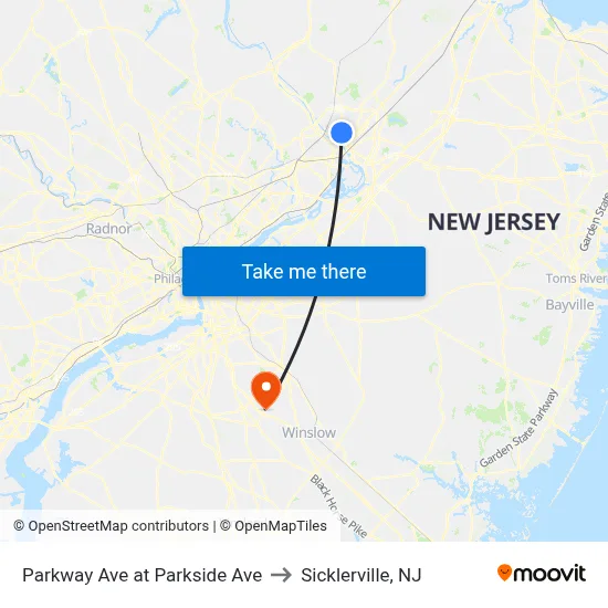 Parkway Ave at Parkside Ave to Sicklerville, NJ map
