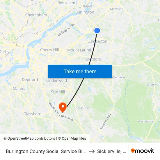 Burlington County Social Service Bldg to Sicklerville, NJ map
