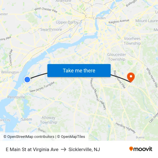 E Main St at Virginia Ave to Sicklerville, NJ map