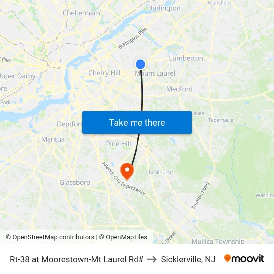 Rt-38 at Moorestown-Mt Laurel Rd# to Sicklerville, NJ map