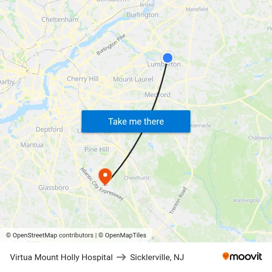 Virtua Mount Holly Hospital to Sicklerville, NJ map