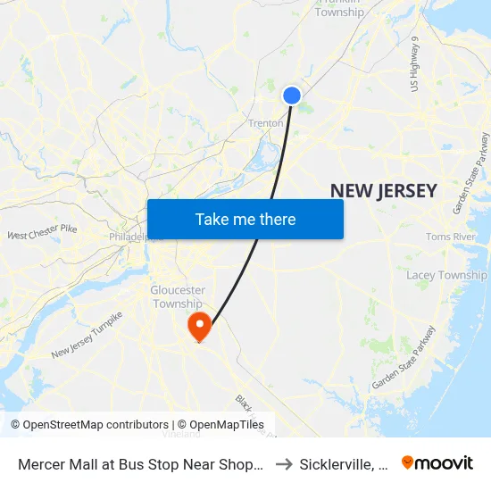 Mercer Mall at Bus Stop Near Shoprite to Sicklerville, NJ map