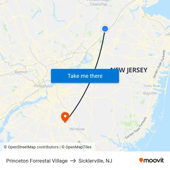 Princeton Forrestal Village to Sicklerville, NJ map