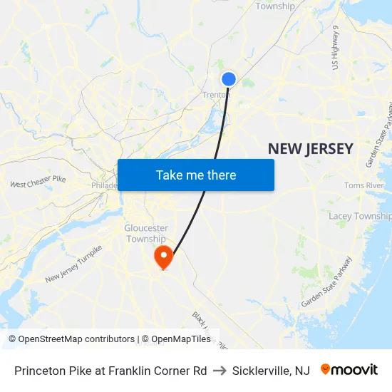 Princeton Pike at Franklin Corner Rd to Sicklerville, NJ map