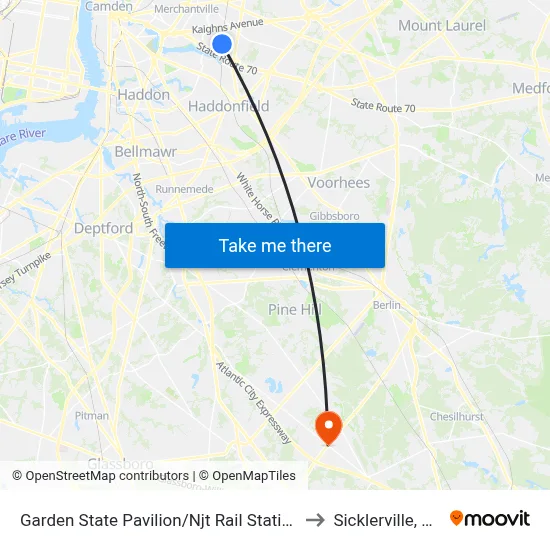 Garden State Pavilion/Njt Rail Station to Sicklerville, NJ map