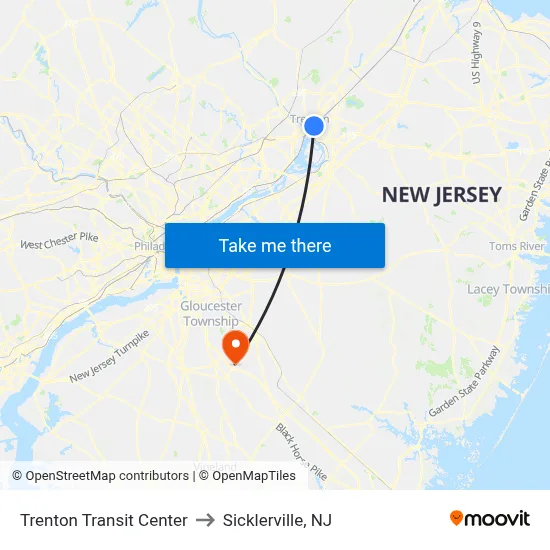 Trenton Transit Center to Sicklerville, NJ map