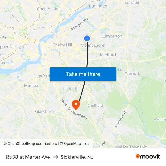 Rt-38 at Marter Ave to Sicklerville, NJ map