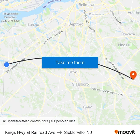 Kings Hwy at Railroad Ave to Sicklerville, NJ map