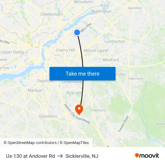 Us-130 at Andover Rd to Sicklerville, NJ map