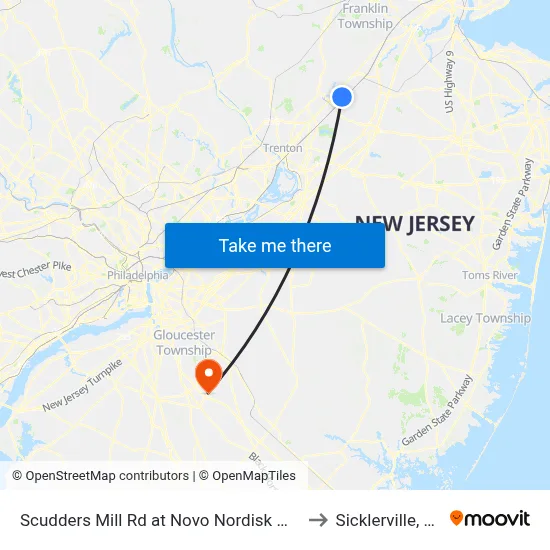 Scudders Mill Rd at Novo Nordisk Way to Sicklerville, NJ map