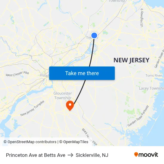 Princeton Ave at Betts Ave to Sicklerville, NJ map