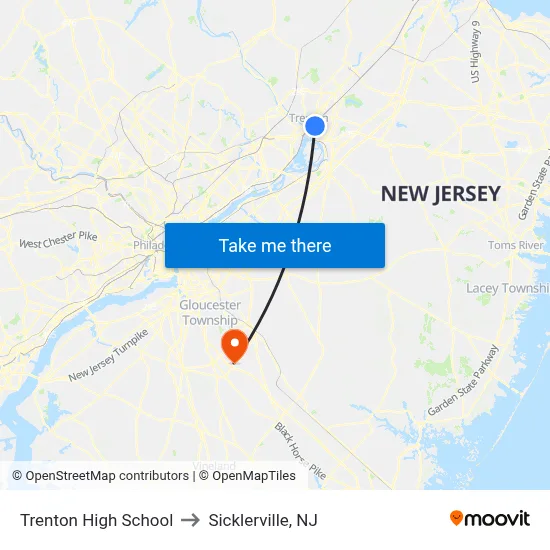 Trenton High School to Sicklerville, NJ map