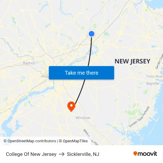 College Of New Jersey to Sicklerville, NJ map