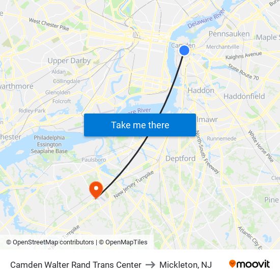 Camden Walter Rand Trans Center to Mickleton, NJ map