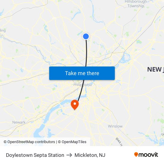 Doylestown Septa Station to Mickleton, NJ map