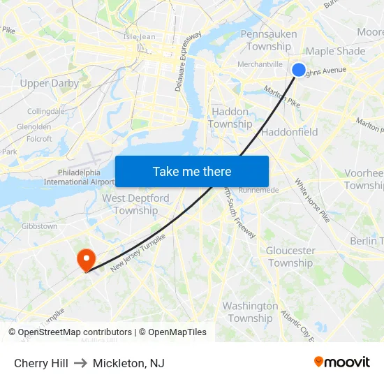 Cherry Hill to Mickleton, NJ map