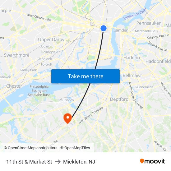 11th St & Market St to Mickleton, NJ map