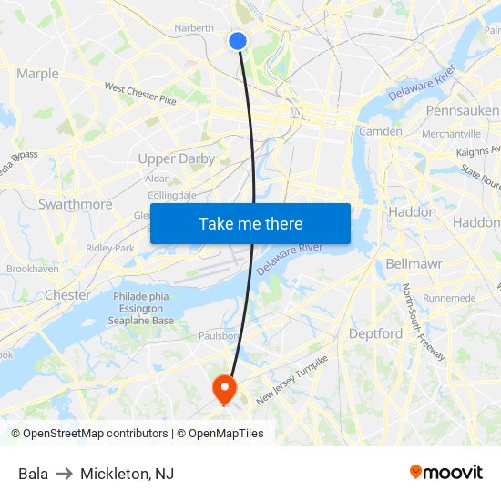 Bala to Mickleton, NJ map