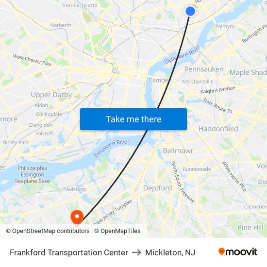Frankford Transportation Center to Mickleton, NJ map