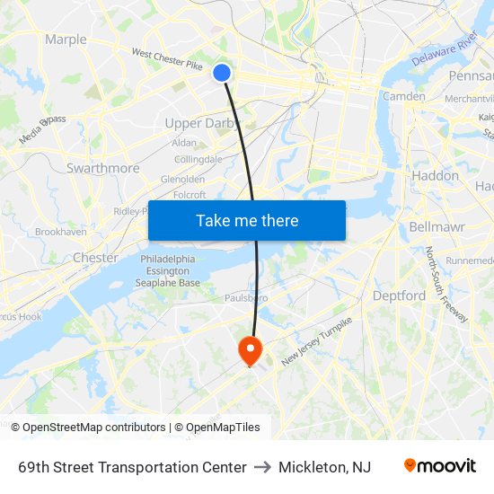 69th Street Transportation Center to Mickleton, NJ map