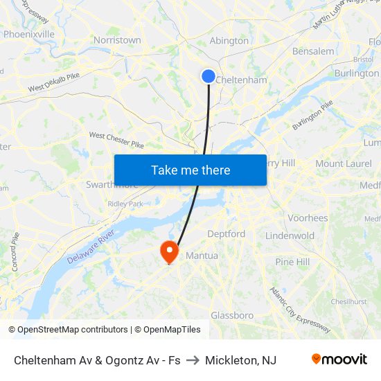 Cheltenham Av & Ogontz Av - Fs to Mickleton, NJ map
