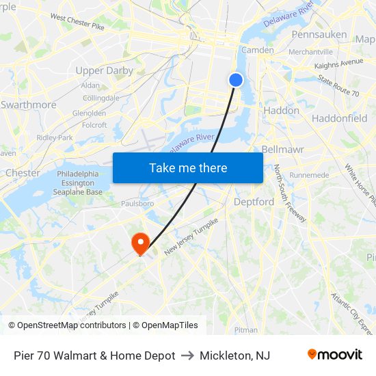 Pier 70 Walmart & Home Depot to Mickleton, NJ map