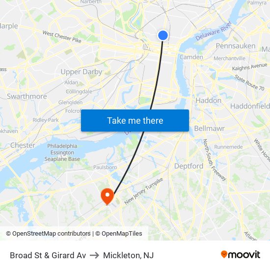 Broad St & Girard Av to Mickleton, NJ map